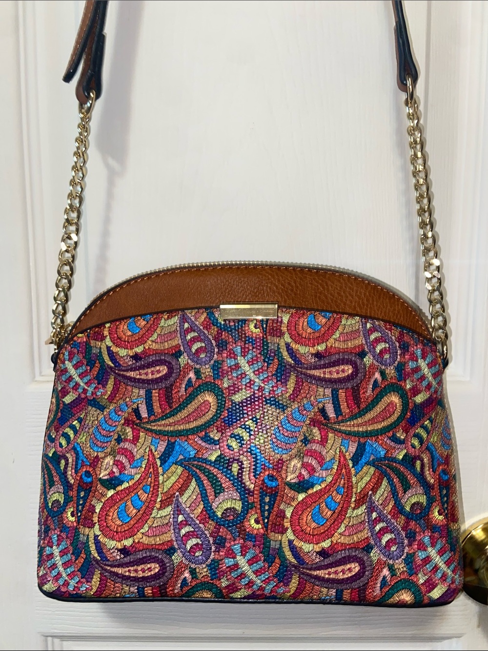 Multicolor Paisley Crossbody Bag with Brown Trim